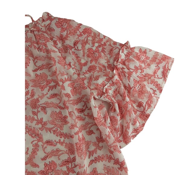 Loft Womens Pink White Floral Short Flutter Sleeve Blouse Lined Ruffle XS - Picture 6 of 9